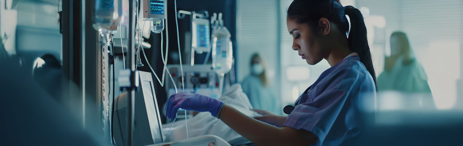 Female nurse in the ICU checking patient’s vitals on medical equipment, ensuring critical care monitoring in a dark, focused atmosphere