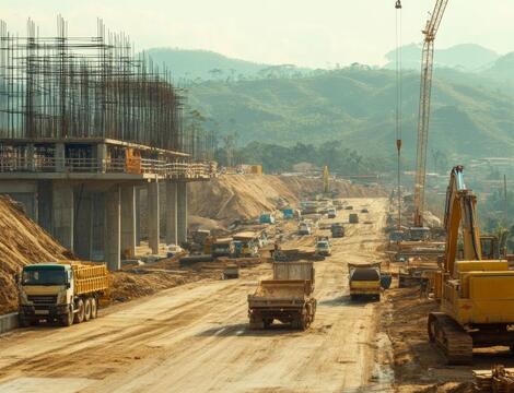 Construction vehicles and building foundations on a rural dirt road