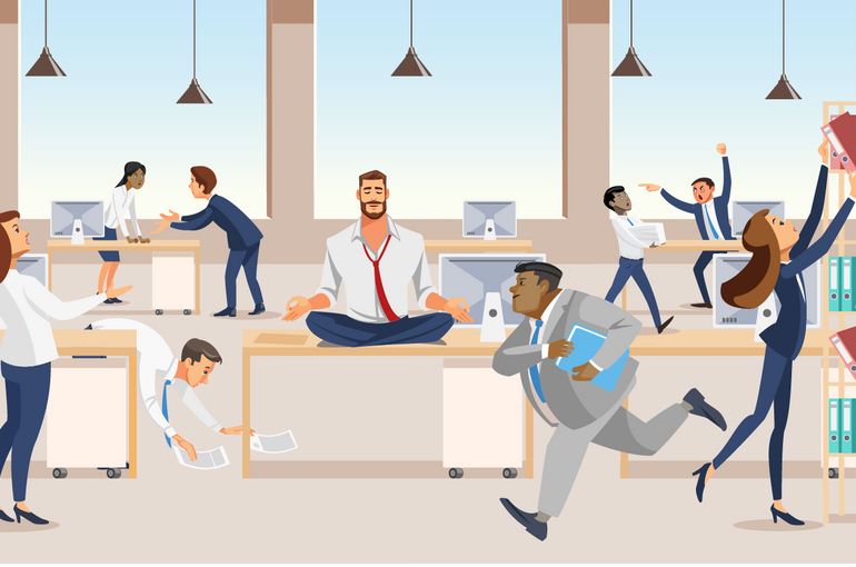 Psychological safety illustration with people doing different activities in an office